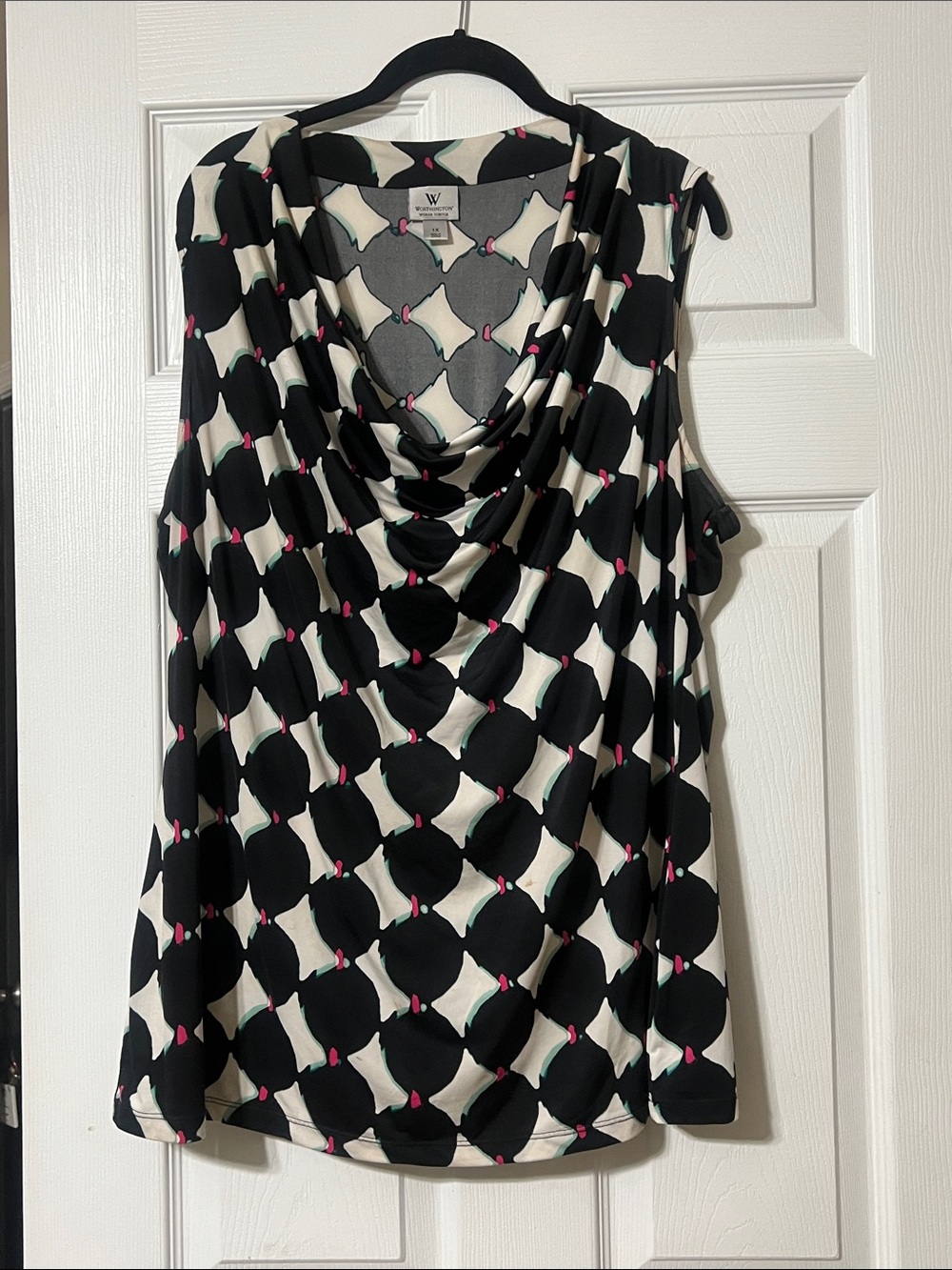 Worthington Womens Black & White Geometric Drape Neck Top with Pink Accents